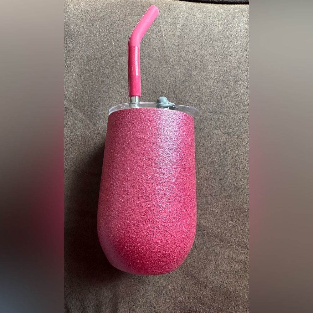 Glittery pink wine tumbler - approx 10 oz size, with straw NWOT